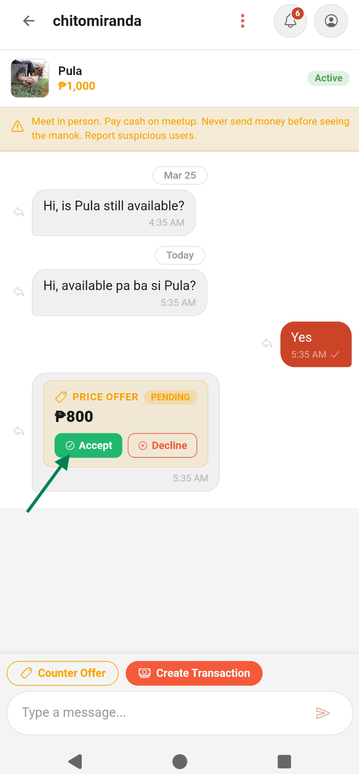 Accepting an offer in chat