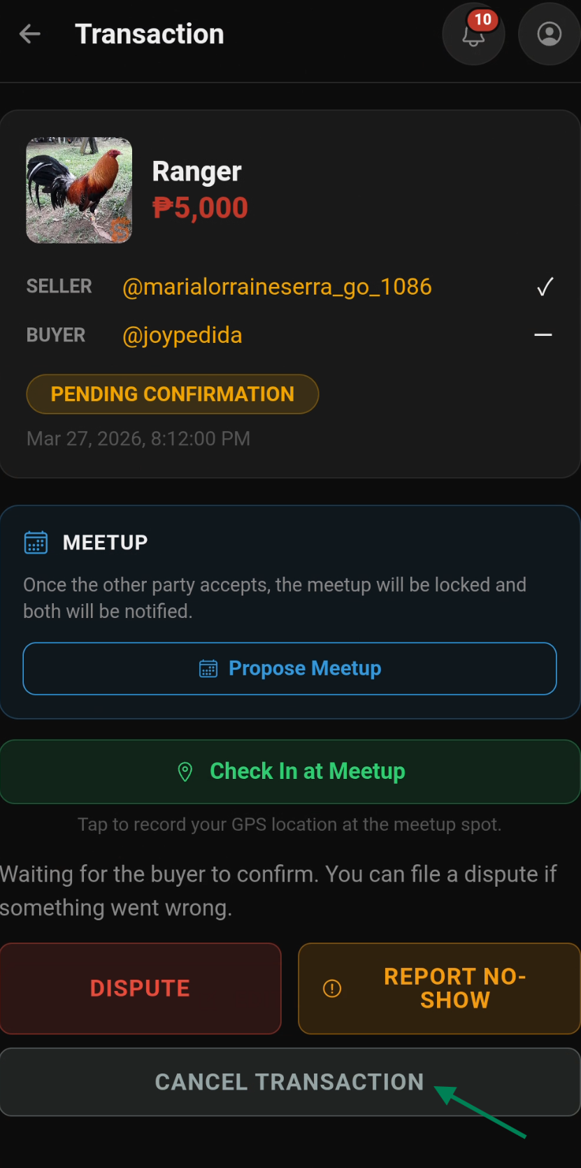 Cancel transaction screen with reason field