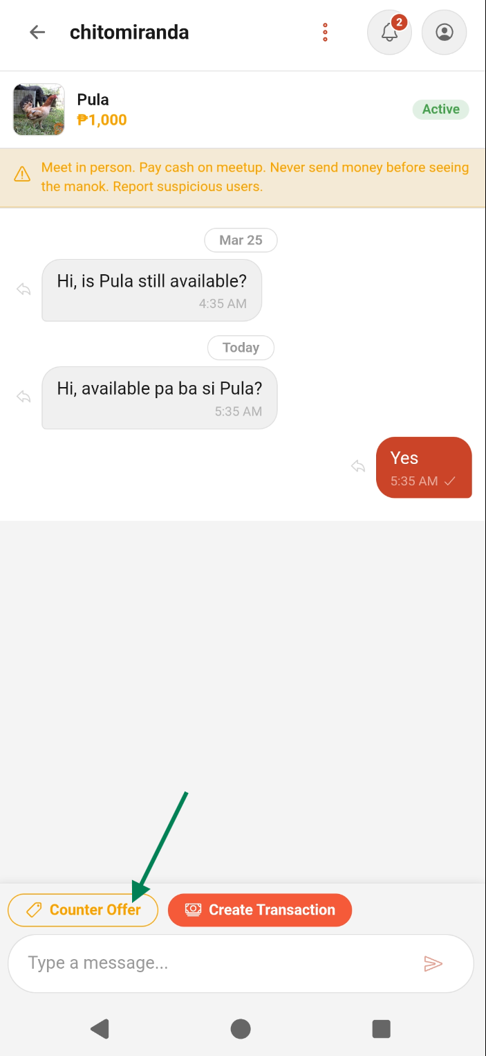 Counter offer card in chat