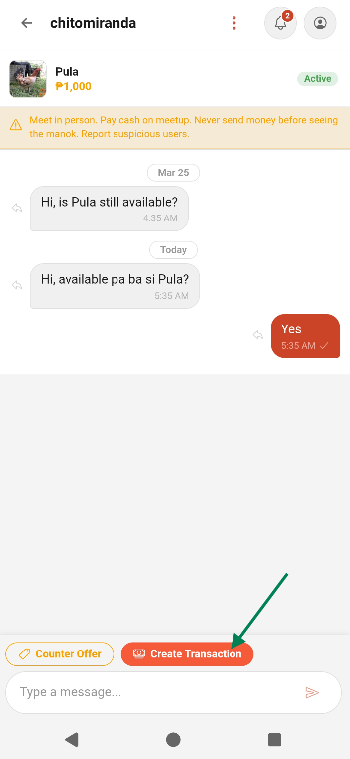 Create transaction button in chat
