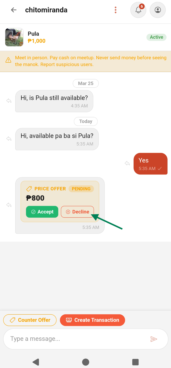 Declining an offer in chat