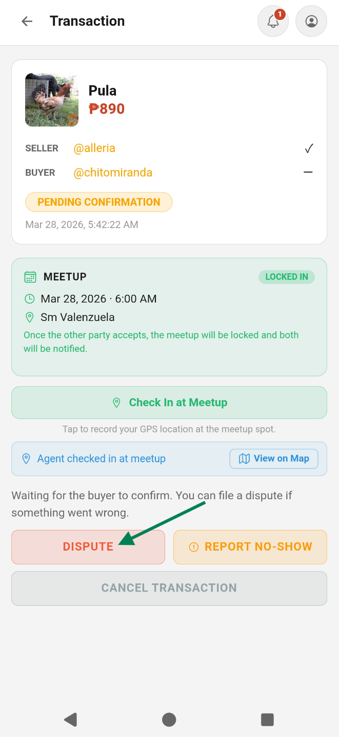 Dispute transaction screen with reason and evidence