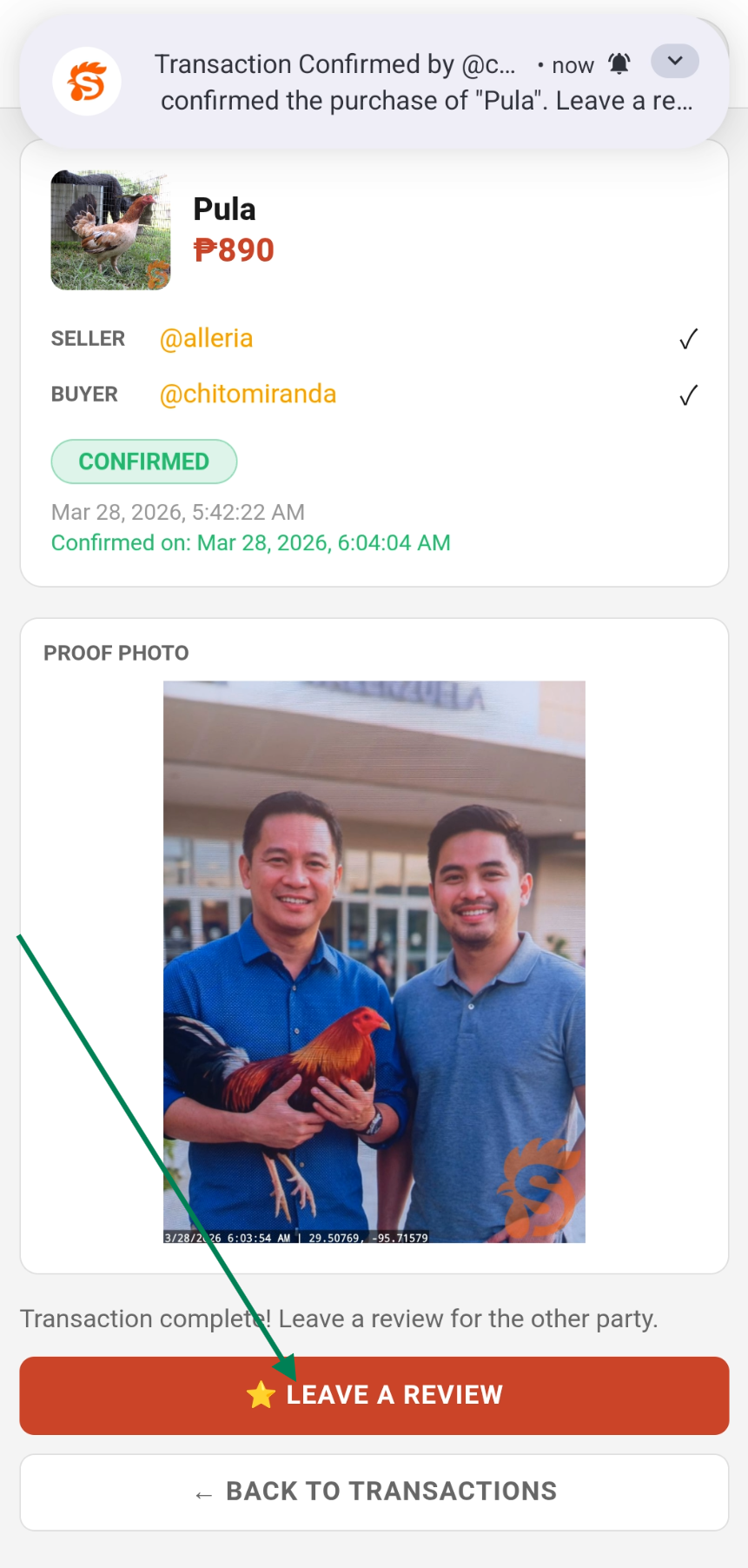 Leave a review modal after transaction