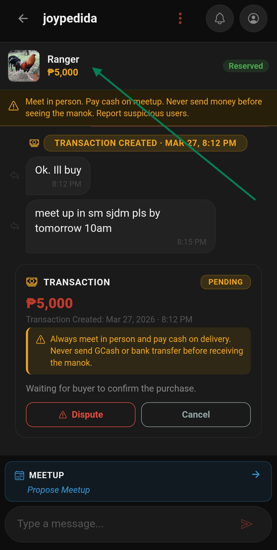 Transaction status banner in chat