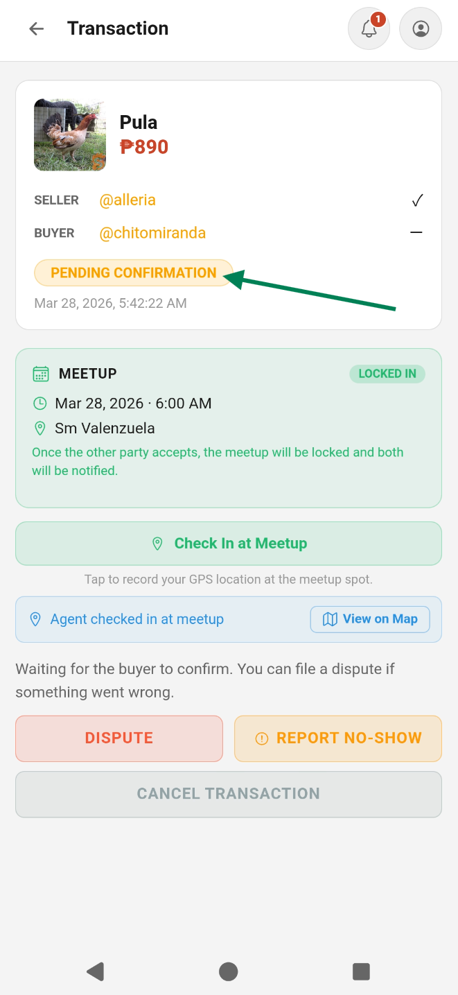 Transaction pending buyer confirmation