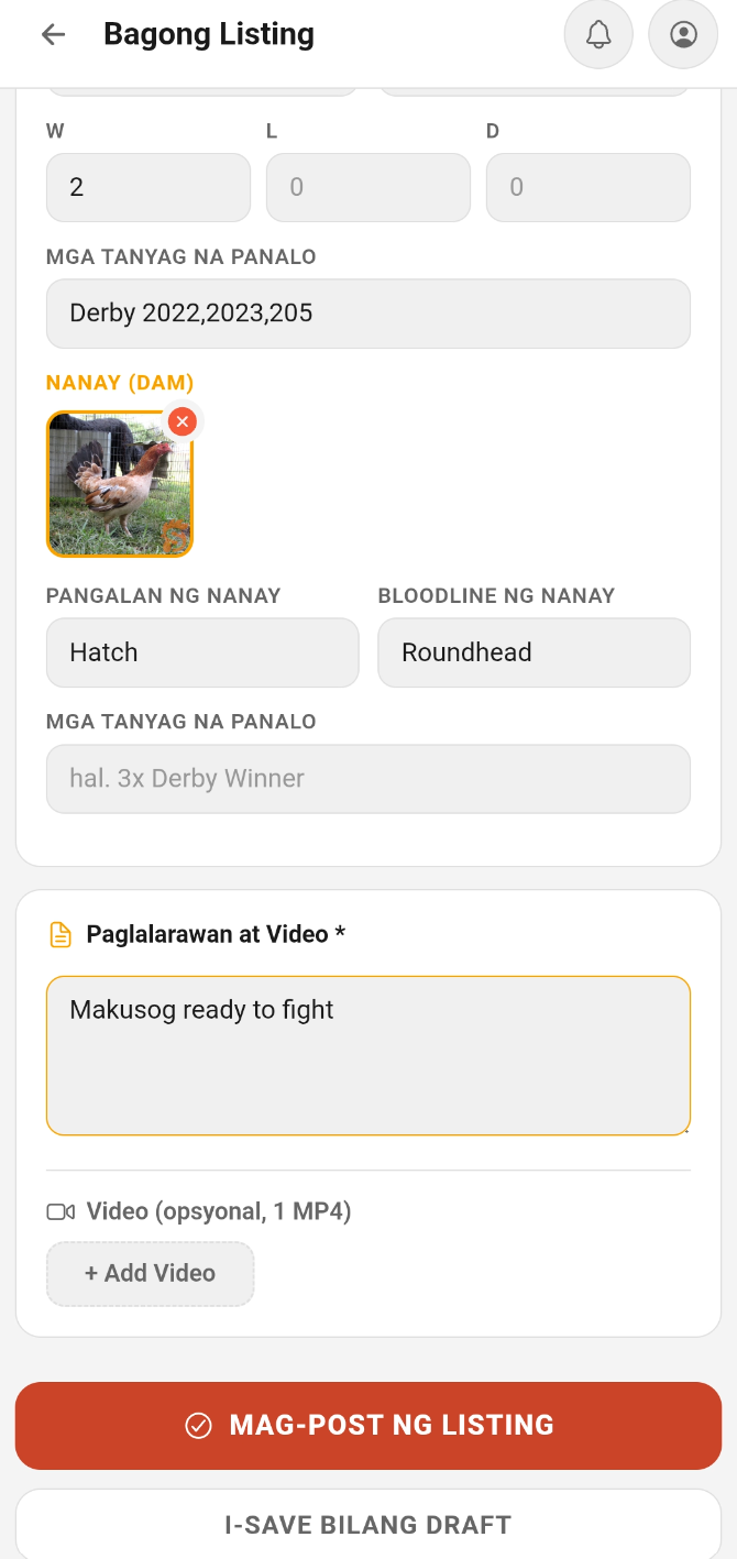 Listing form step 4 — pedigree and submit