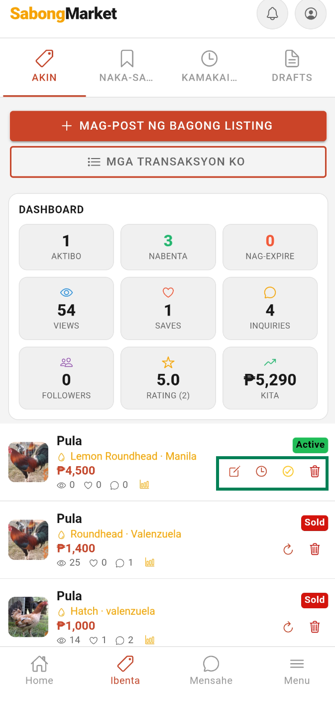 Seller dashboard with highlighted action icons
