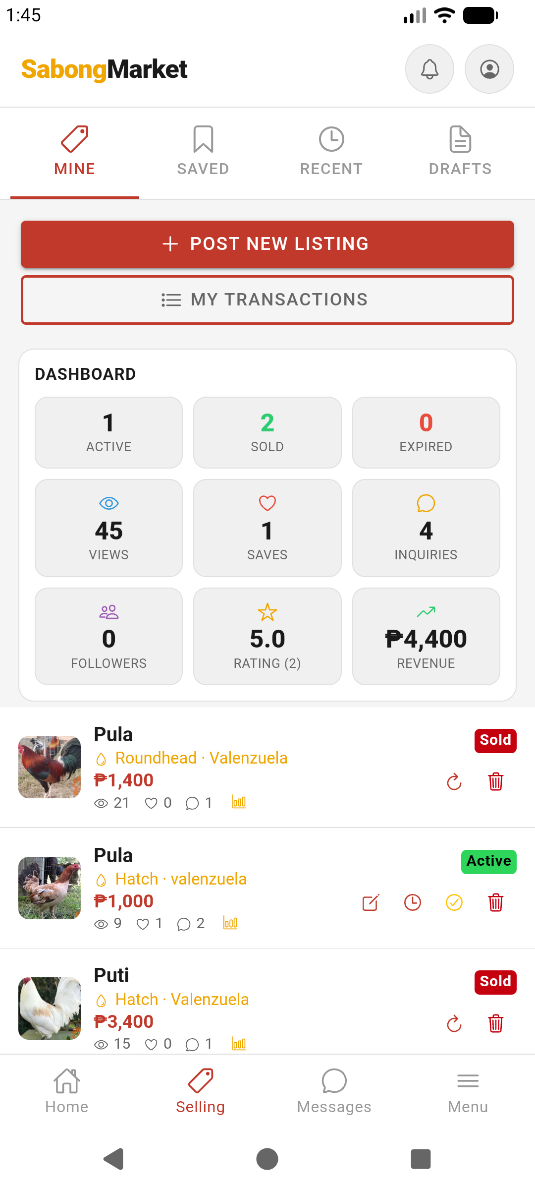 Seller dashboard stats overview